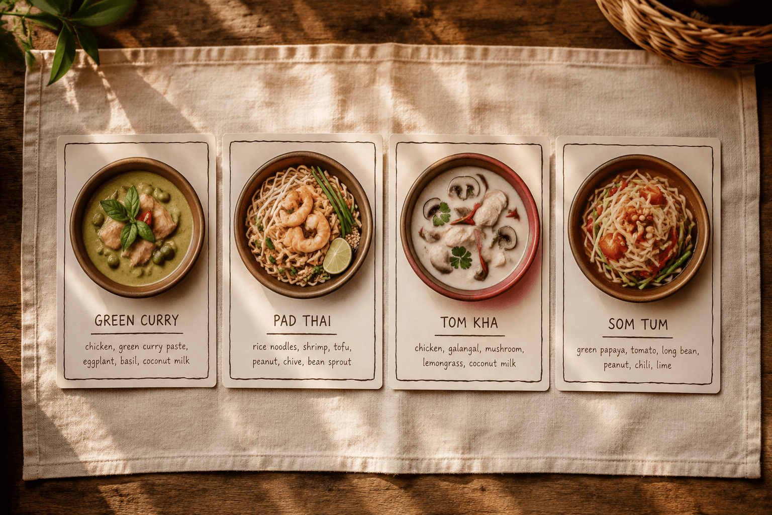 A set of four plated dish cards on cream paper