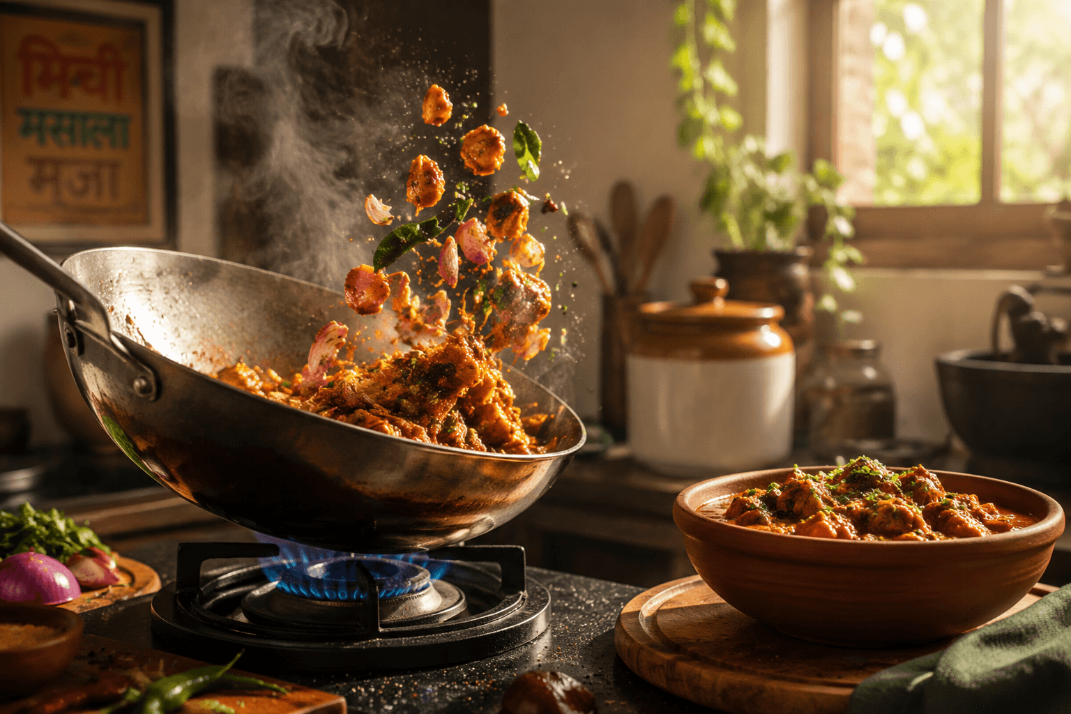 A steel wok mid-toss with steam rising over a clay bowl plate-up