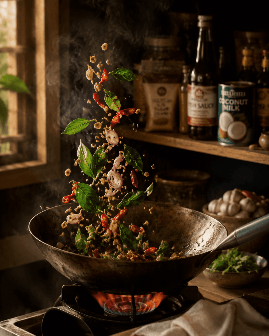 A blistering steel wok with sweet basil, chillies and shallots mid-toss