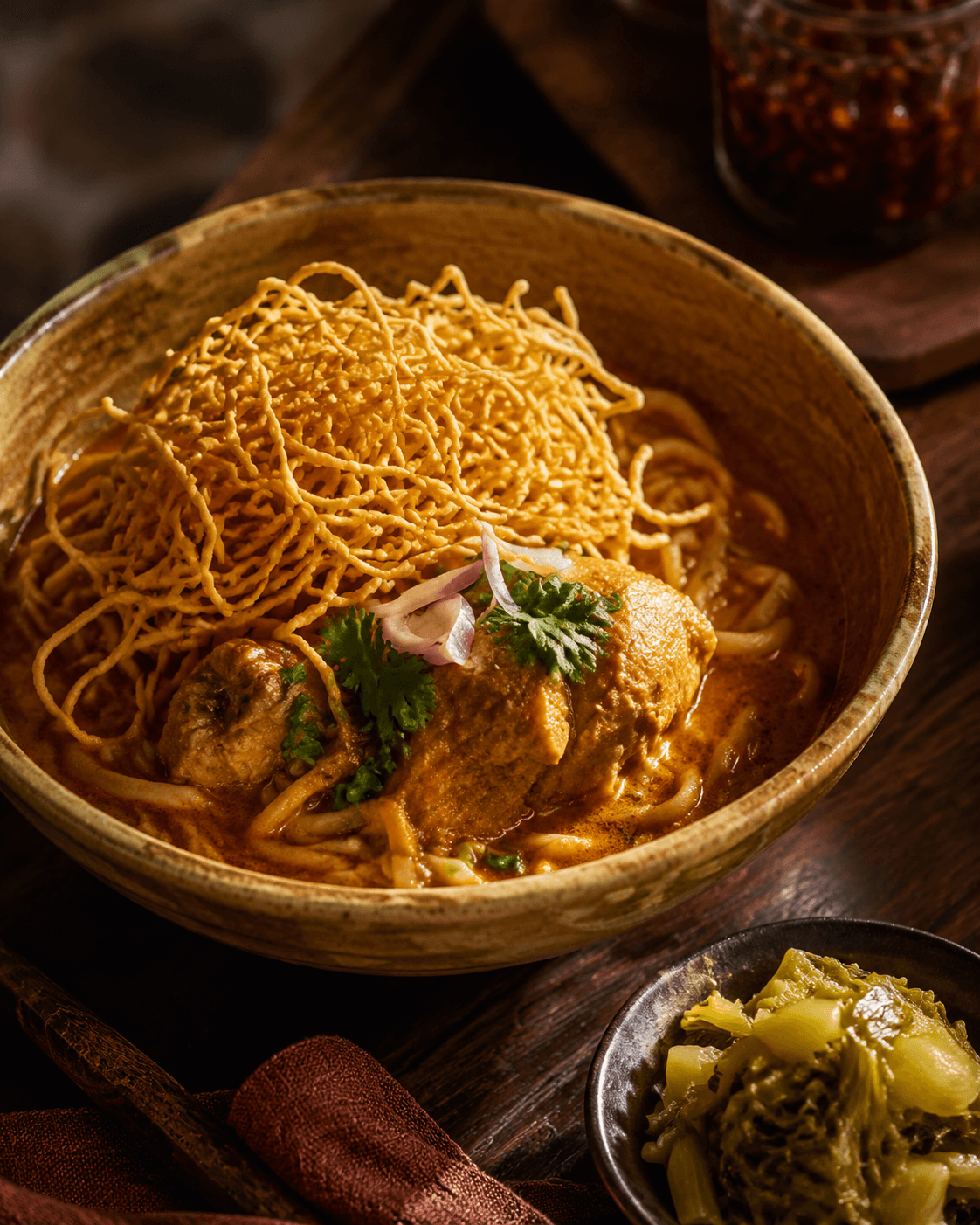 Khao soi crowned with crispy noodles and pickled mustard