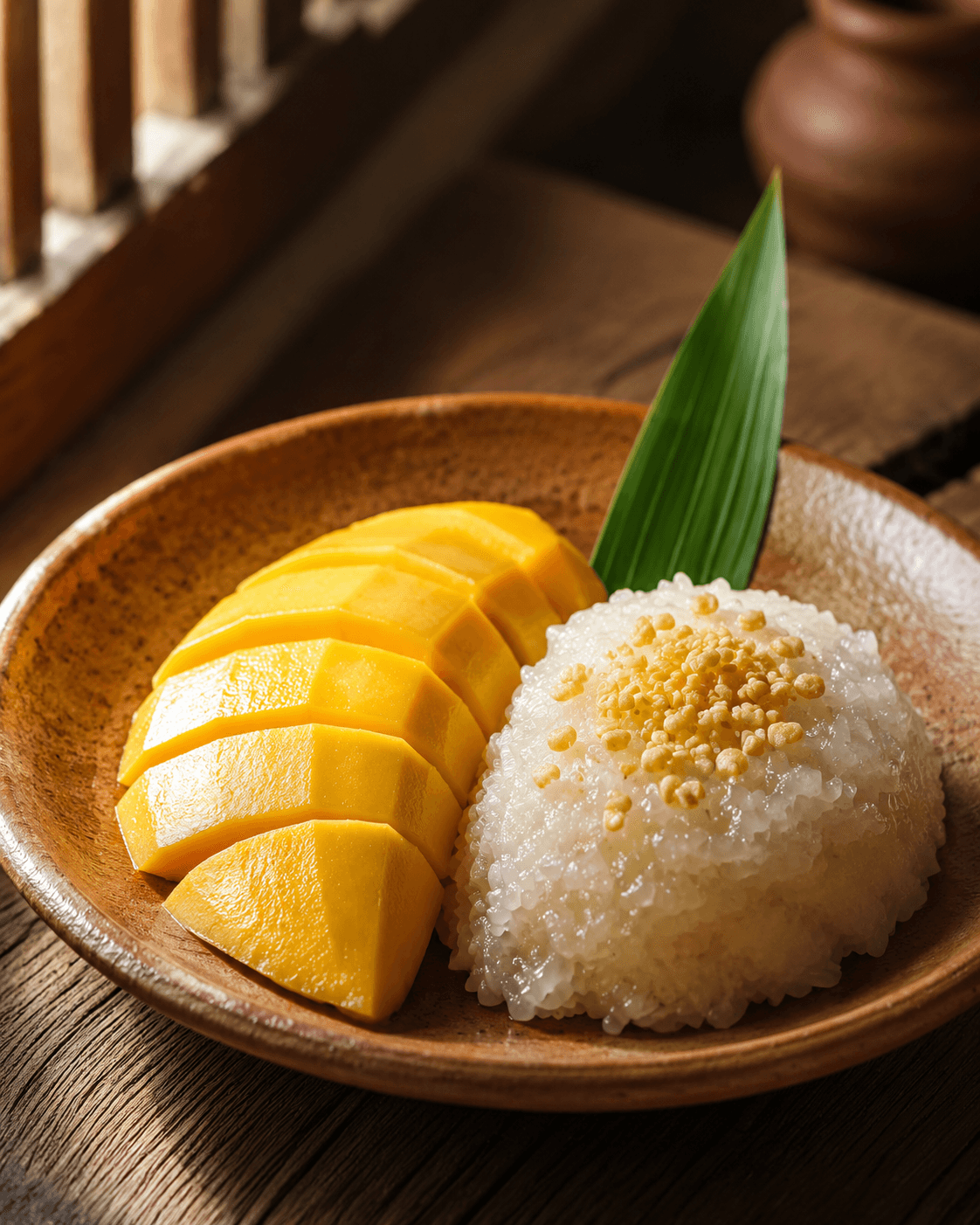Mango sticky rice with mung bean topping
