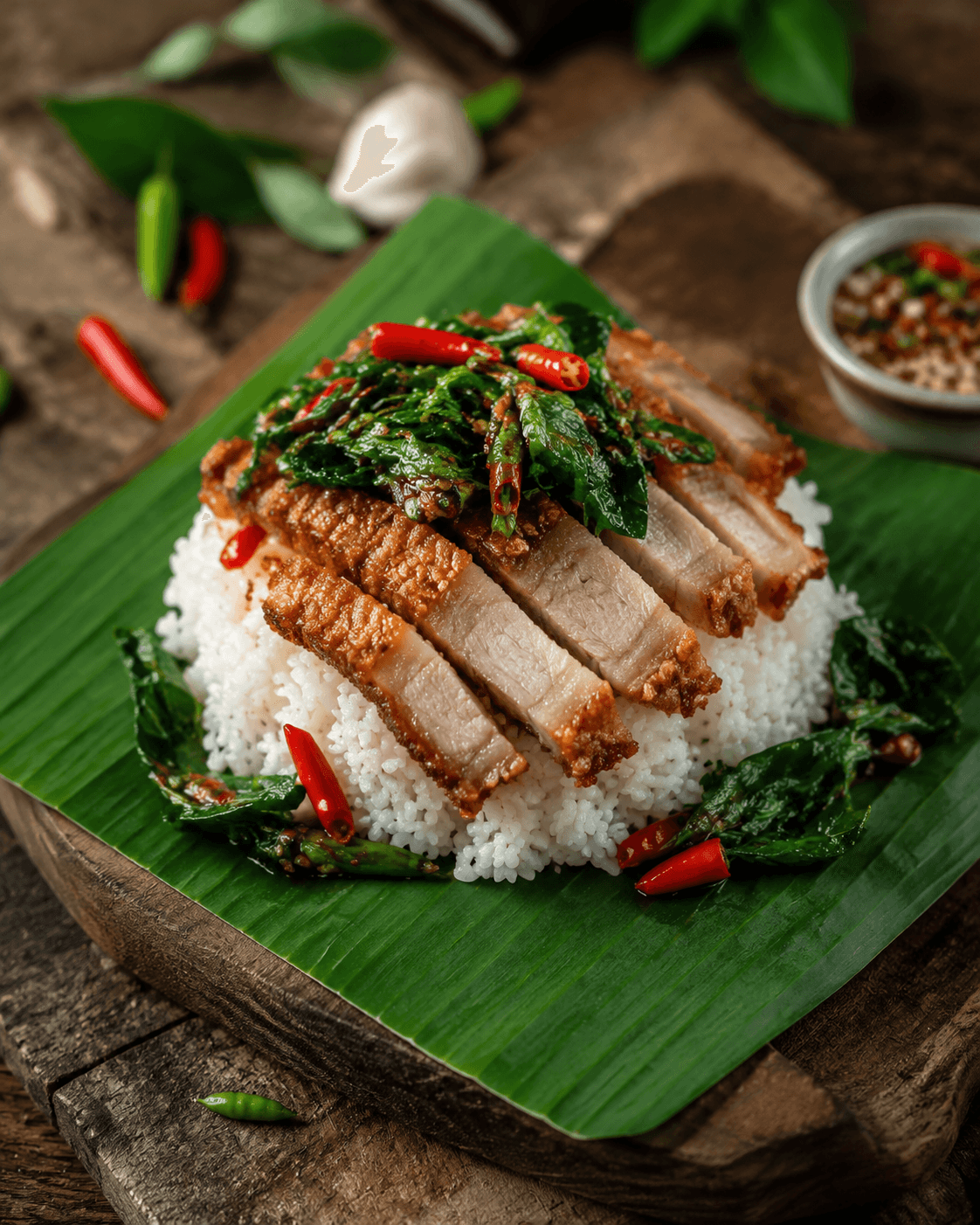Moo krob over jasmine rice with holy basil