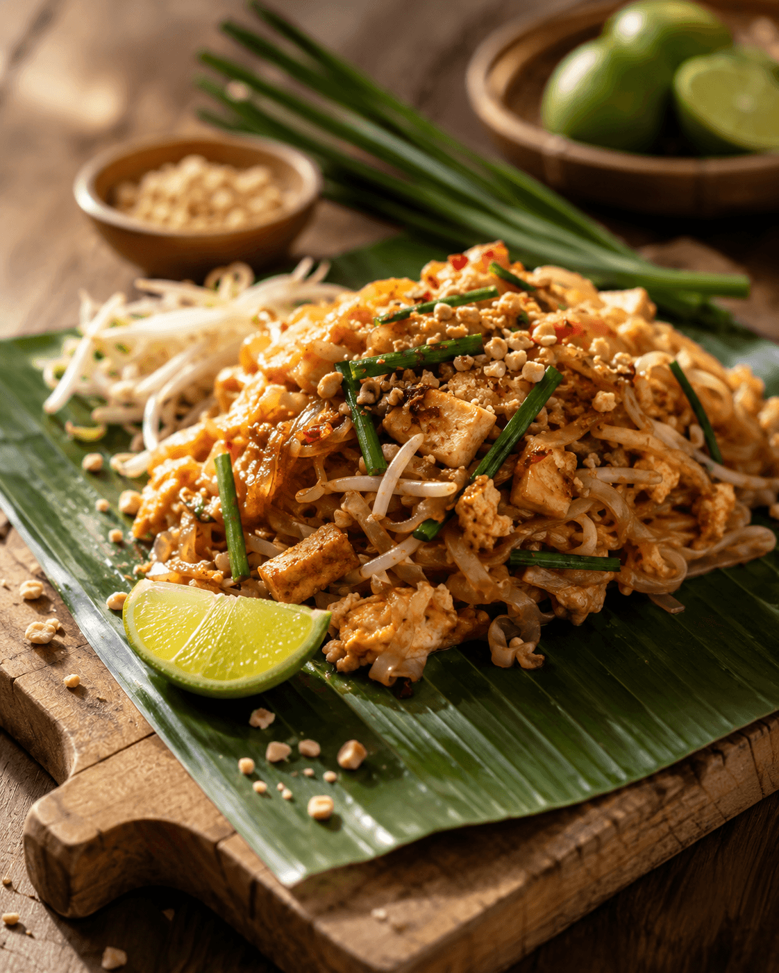 Pad Thai on banana leaf with lime wedge