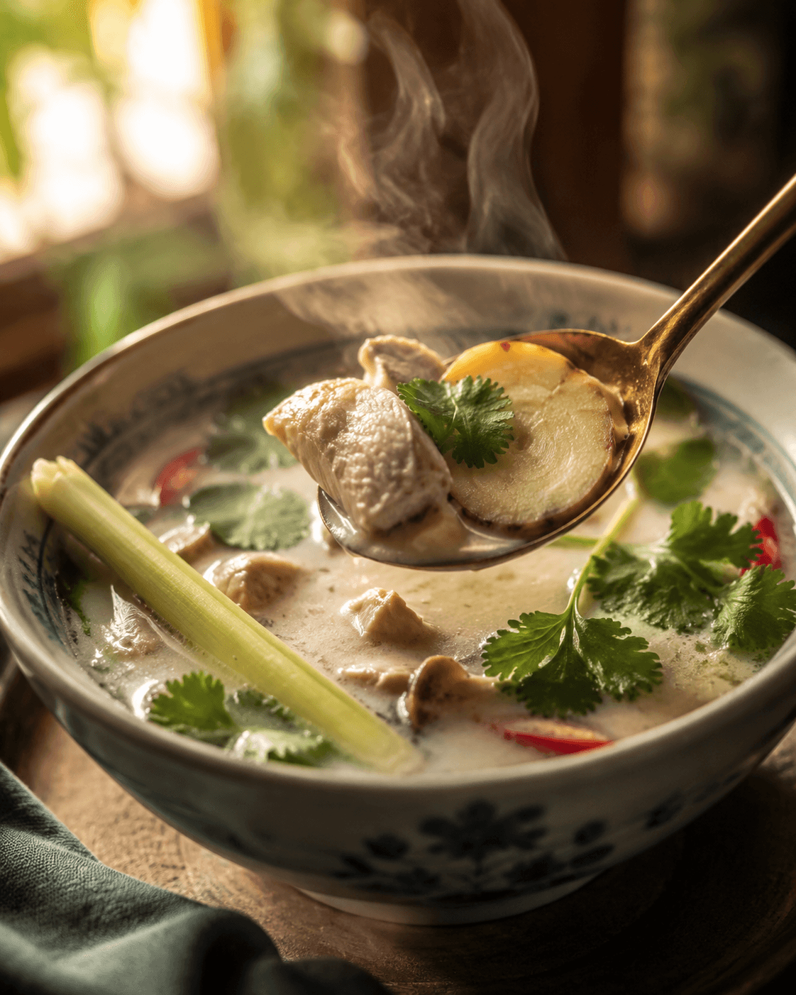 Tom kha gai close-up with galangal slice on spoon